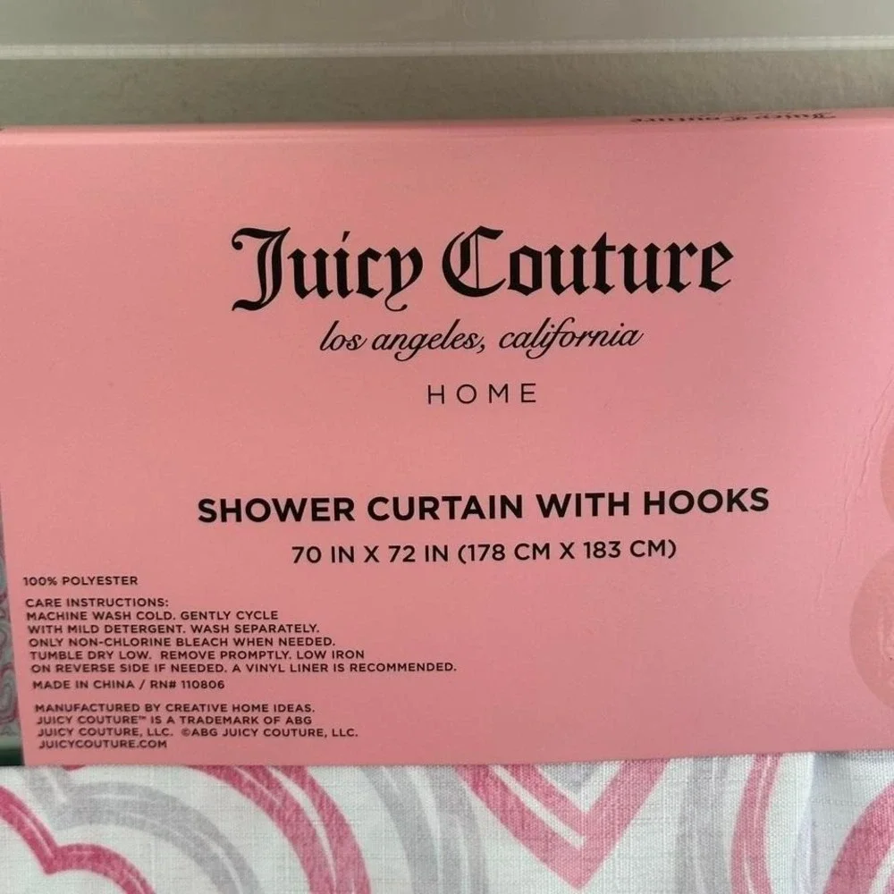 New Juicy Couture White Purple Pink Hearts Fabric Shower Curtain Hooks Set 70x72